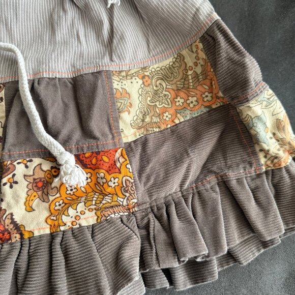 Vintage Girls Patchwork Corduroy Elastic Waist Skirt With Ruffles & Drawstring - Picture 3 of 4